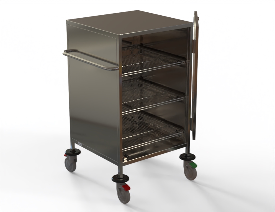 Case Cart-TW, SS304, 4xAdjustable Shelf(3PullOut-Mesh/Solid Base), Push Handle (LHS), 650x650x1200mm(plus Handle)